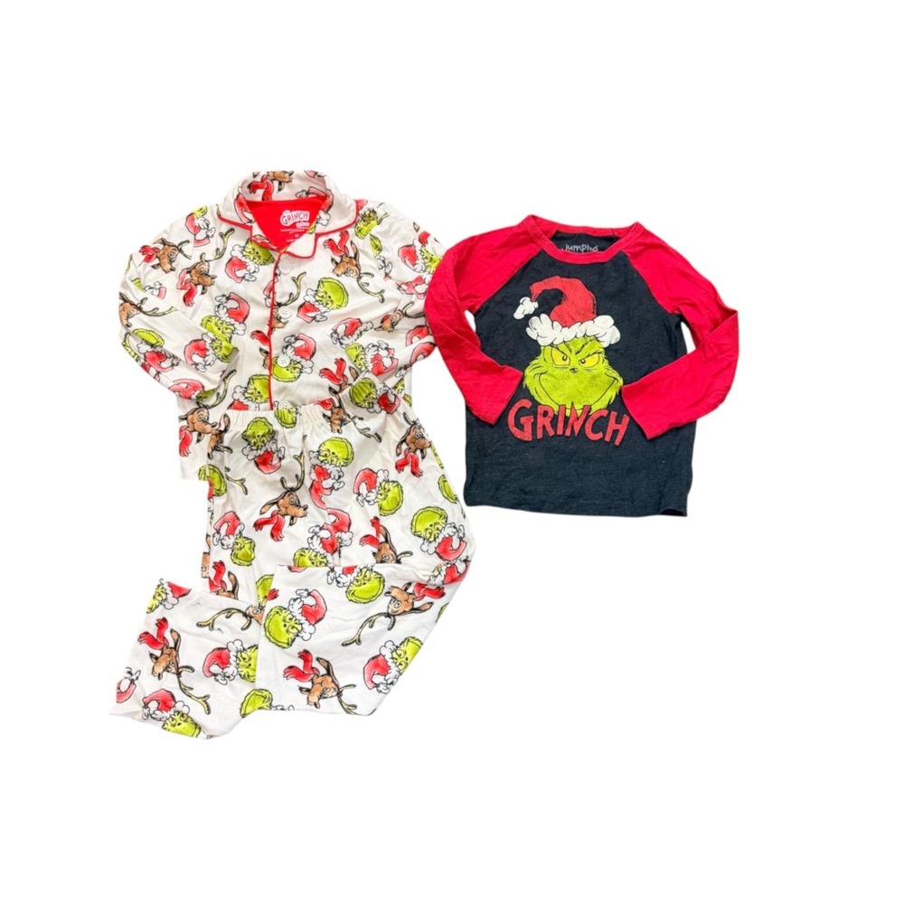 Dr. Seuss Grinch Pajamas & Shirt bundle 3T Red White Fleece Holiday Christmas